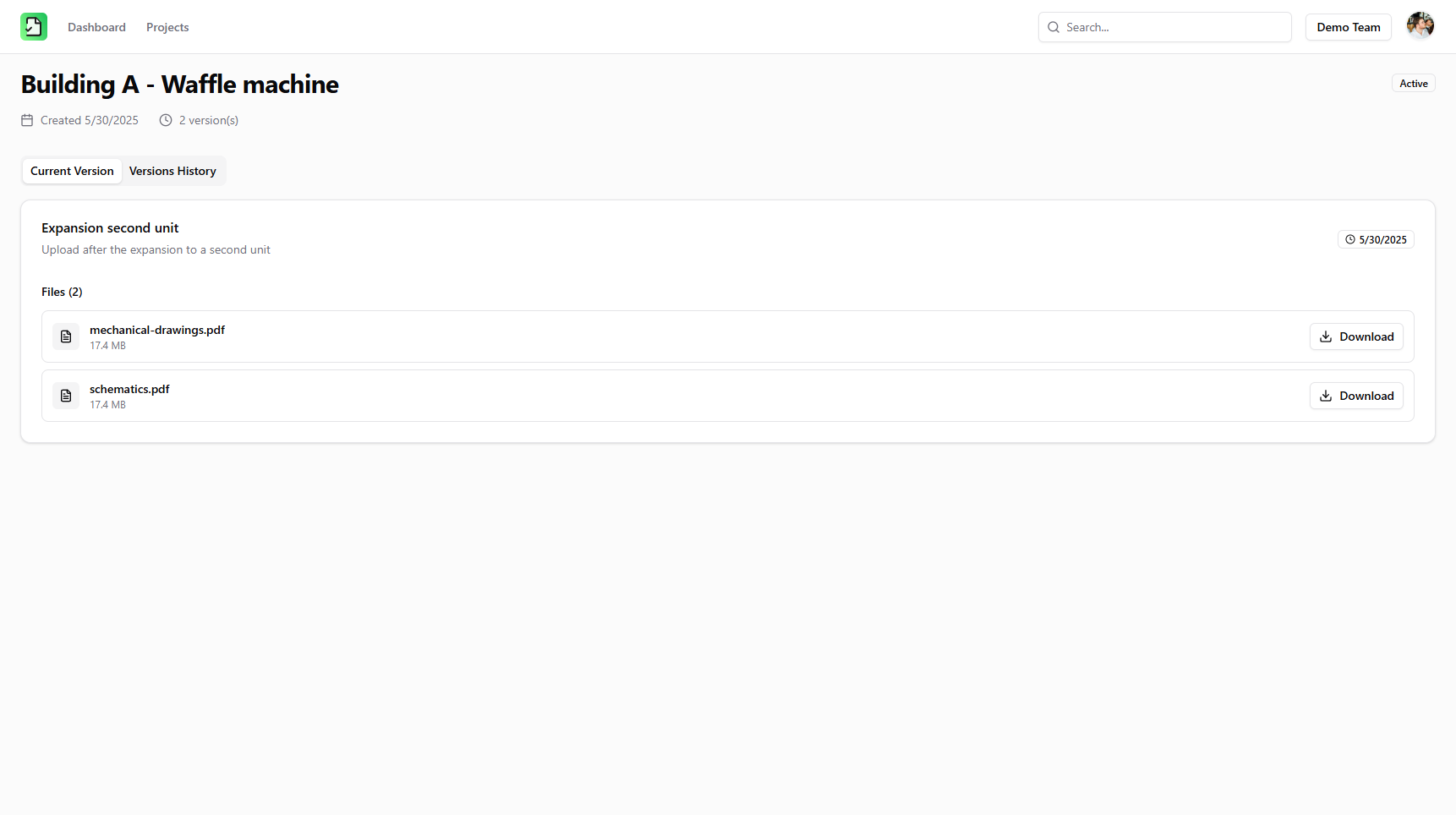 A version overview with attached files.