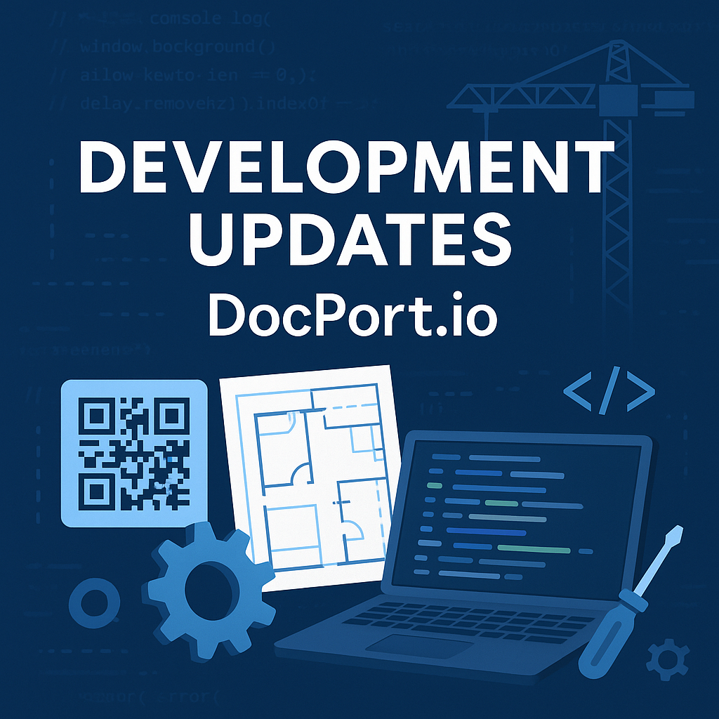 An image of a QR-code, drawings, a laptop with code, and a building crane.